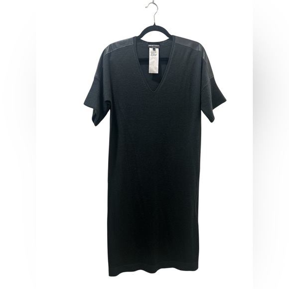 Emporio Armani Cashmere Midi Leather Shoulder V Neck Dress - Picture 2 of 5